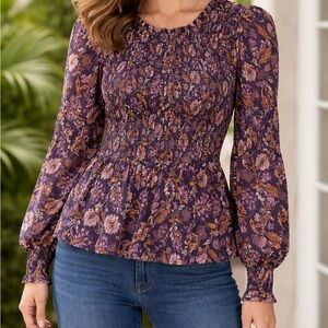 Universal Thread Purple Floral Smocked Peplum Top with Gold-Tone Accents